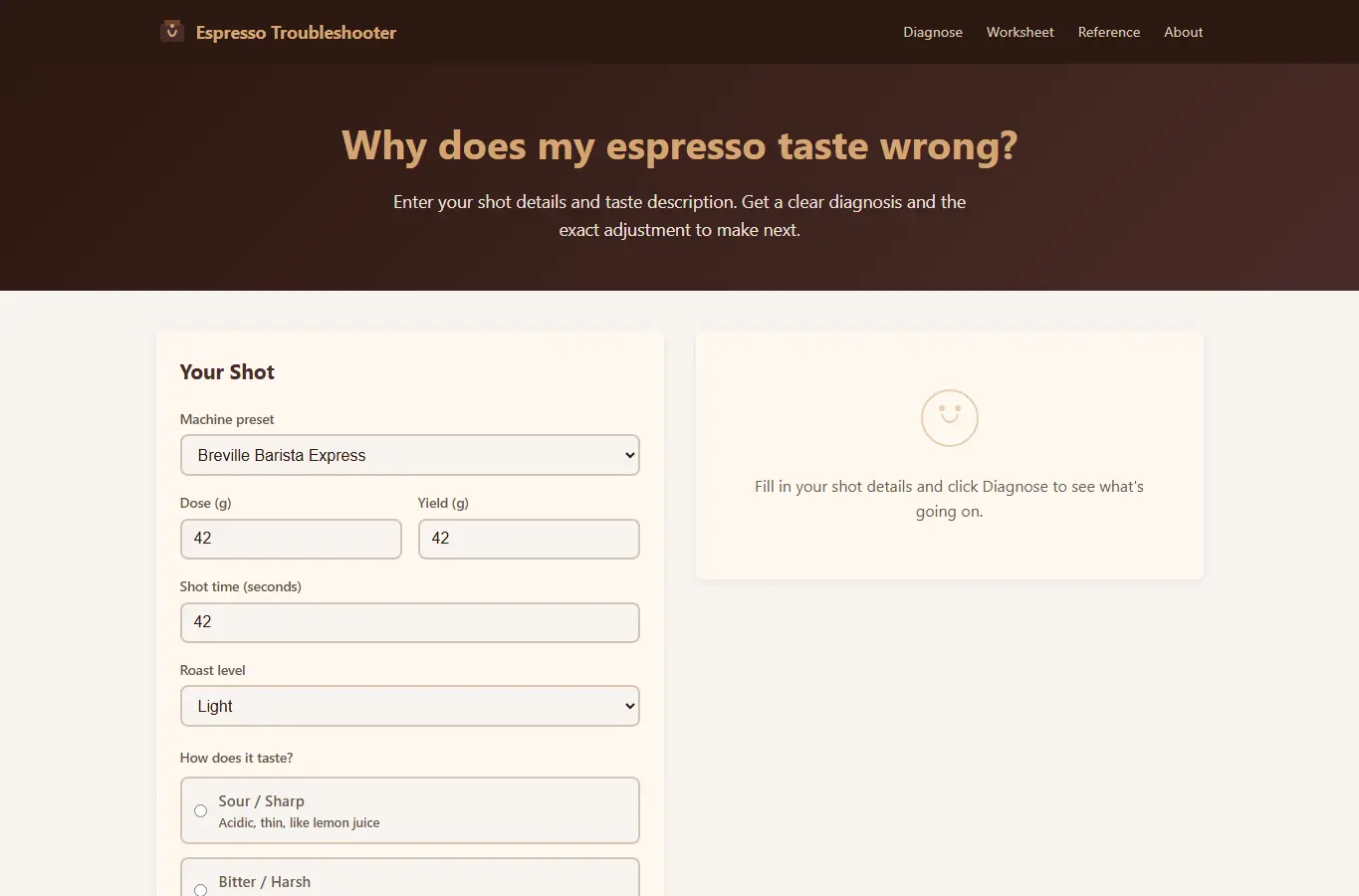Screenshot of Espresso Extraction Troubleshooter interface showing the project page in use